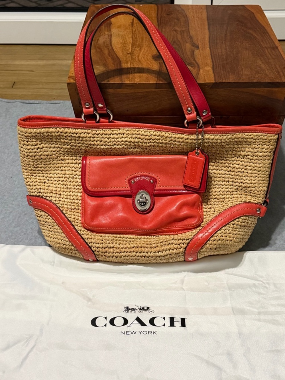 Coach Raffia Straw Tote Bag with Red & Orange Leather Trim Purse - Picture 2 of 15